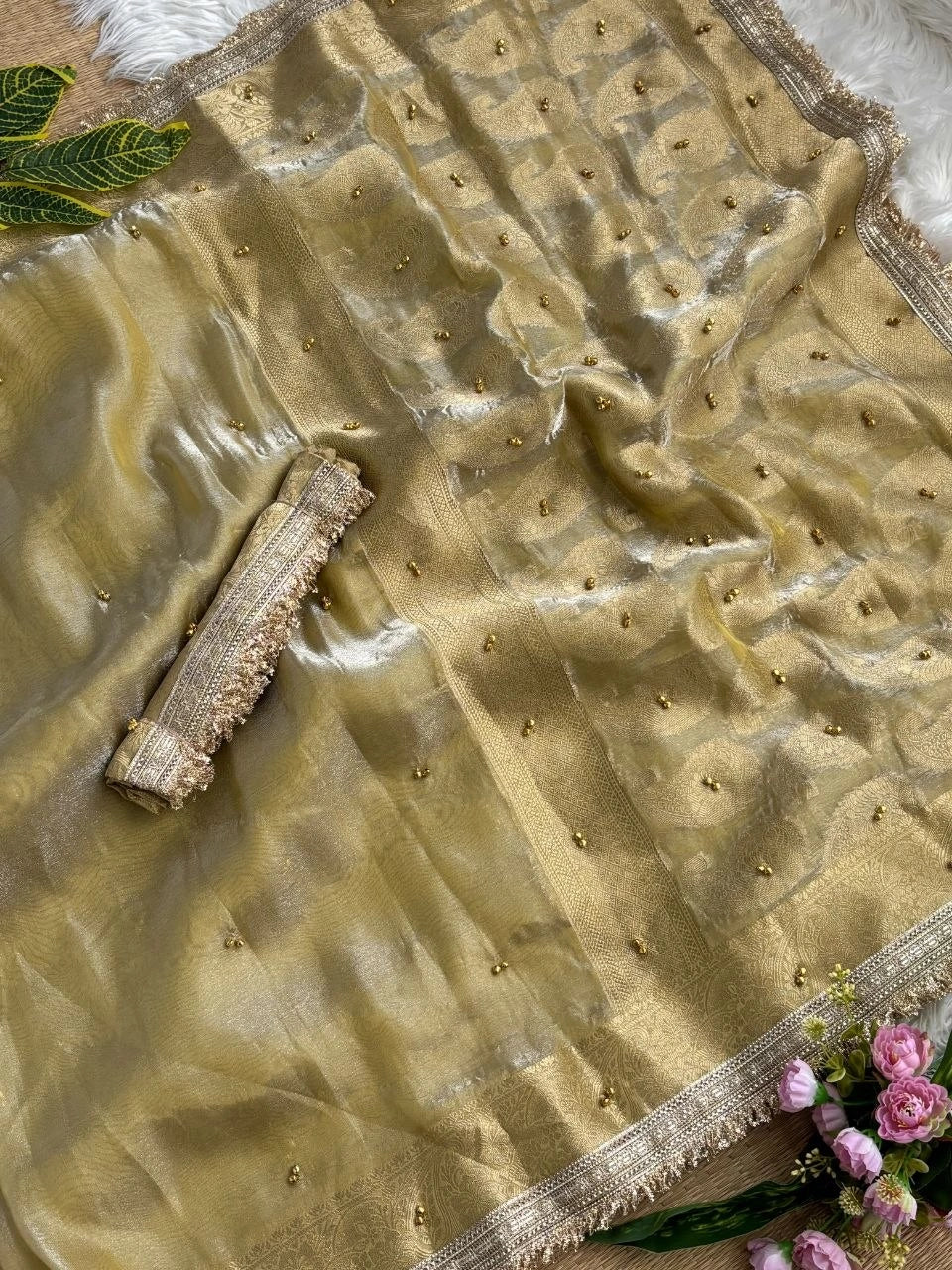 Golden Beige Banarasi Satin Silk Saree – Woven Pallu KS405