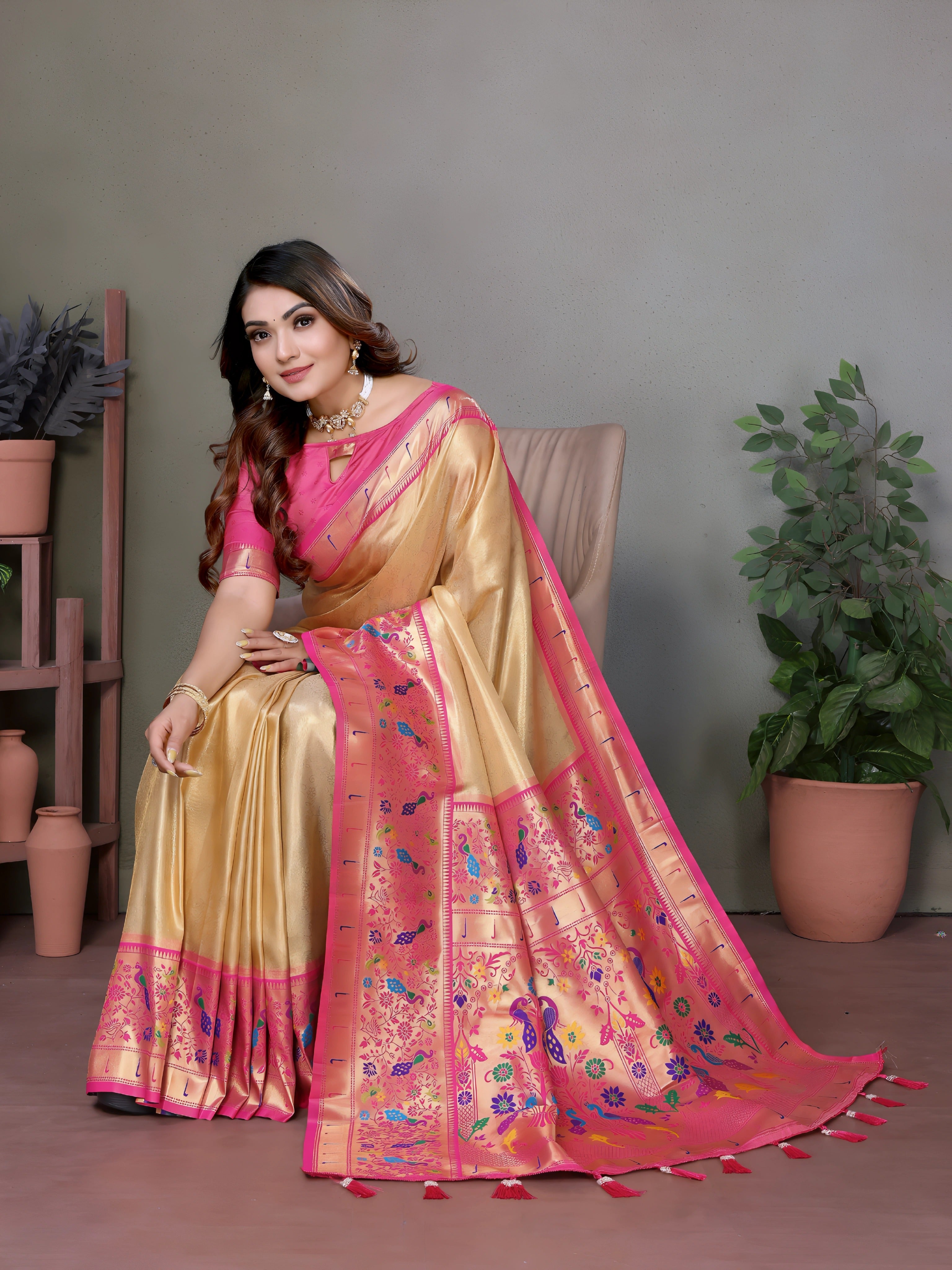 Light Gold Paithani Woven Banarasi Tissue Silk Saree