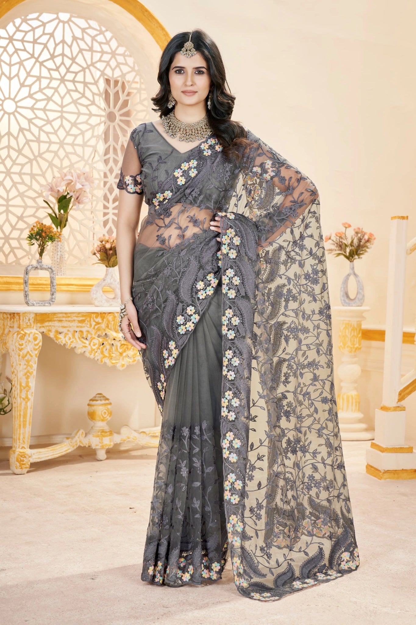 Gray Thread Embroidered Saree | Butterfly Net | KS388 | Kalyanja