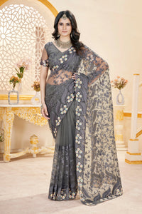 Gray Thread Embroidered Saree – Butterfly Net, Party Wear