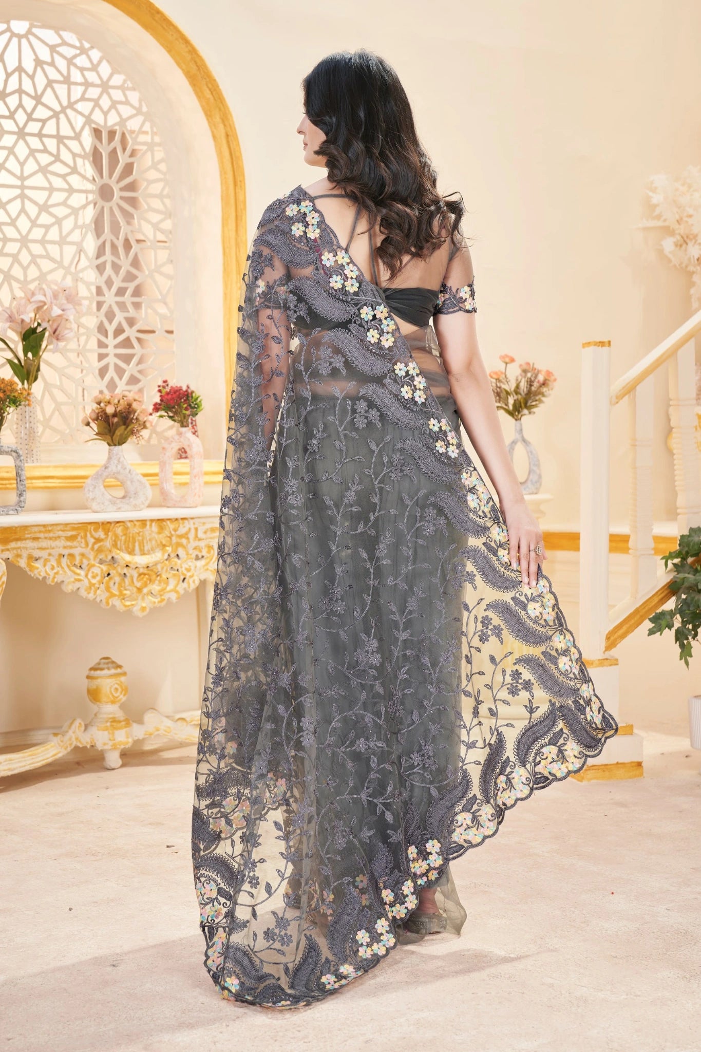 Gray Thread Embroidered Saree Party Wear | Butterfly Net | KS388 | Kalyanja