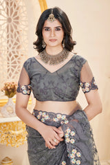 Gray Thread Embroidered Saree Side View | Butterfly Net | KS388 | Kalyanja