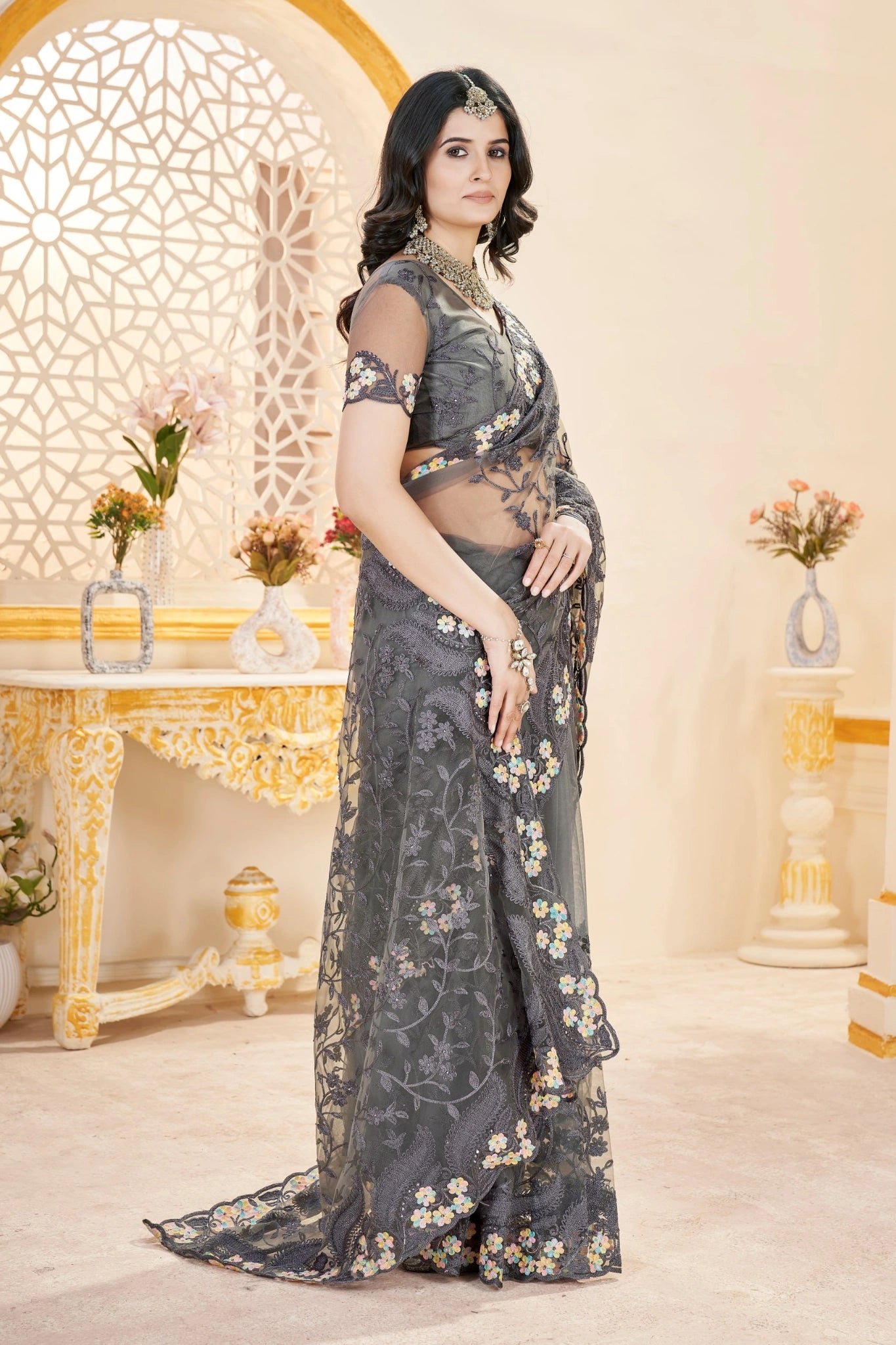 Gray Thread Embroidered Saree Wedding | Butterfly Net | KS388 | Kalyanja