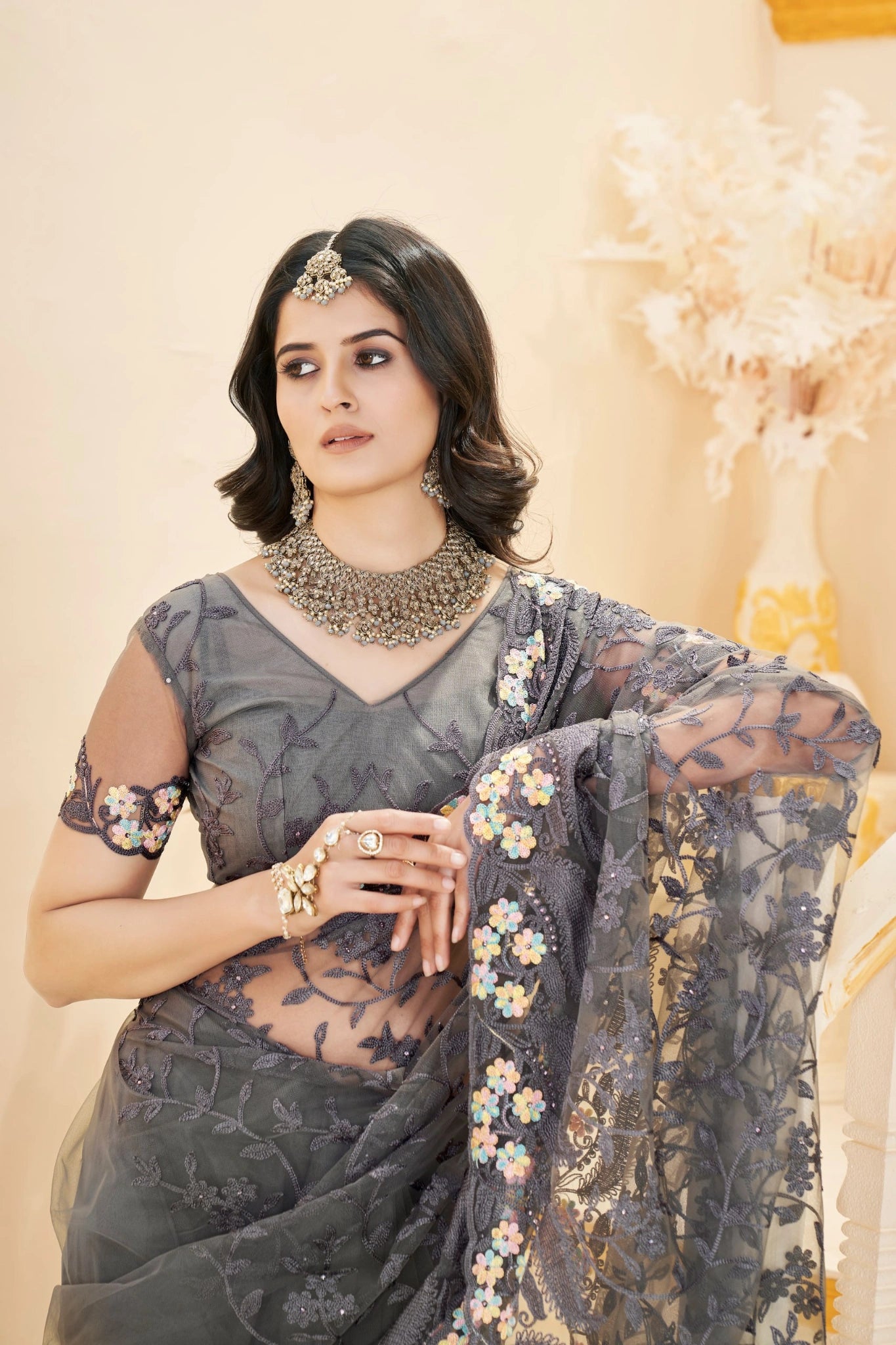 Gray Thread Embroidered Saree Detail | Butterfly Net | KS388 | Kalyanja