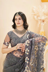 Gray Thread Embroidered Saree Detail | Butterfly Net | KS388 | Kalyanja