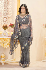 Gray Thread Embroidered Saree Festive | Butterfly Net | KS388 | Kalyanja