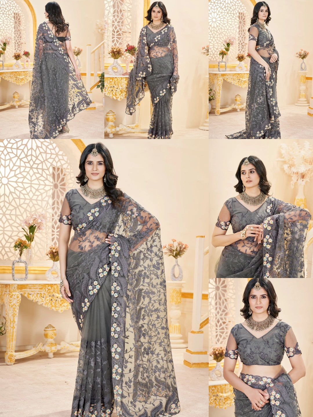 Gray Thread Embroidered Saree Collage | Butterfly Net | KS388 | Kalyanja