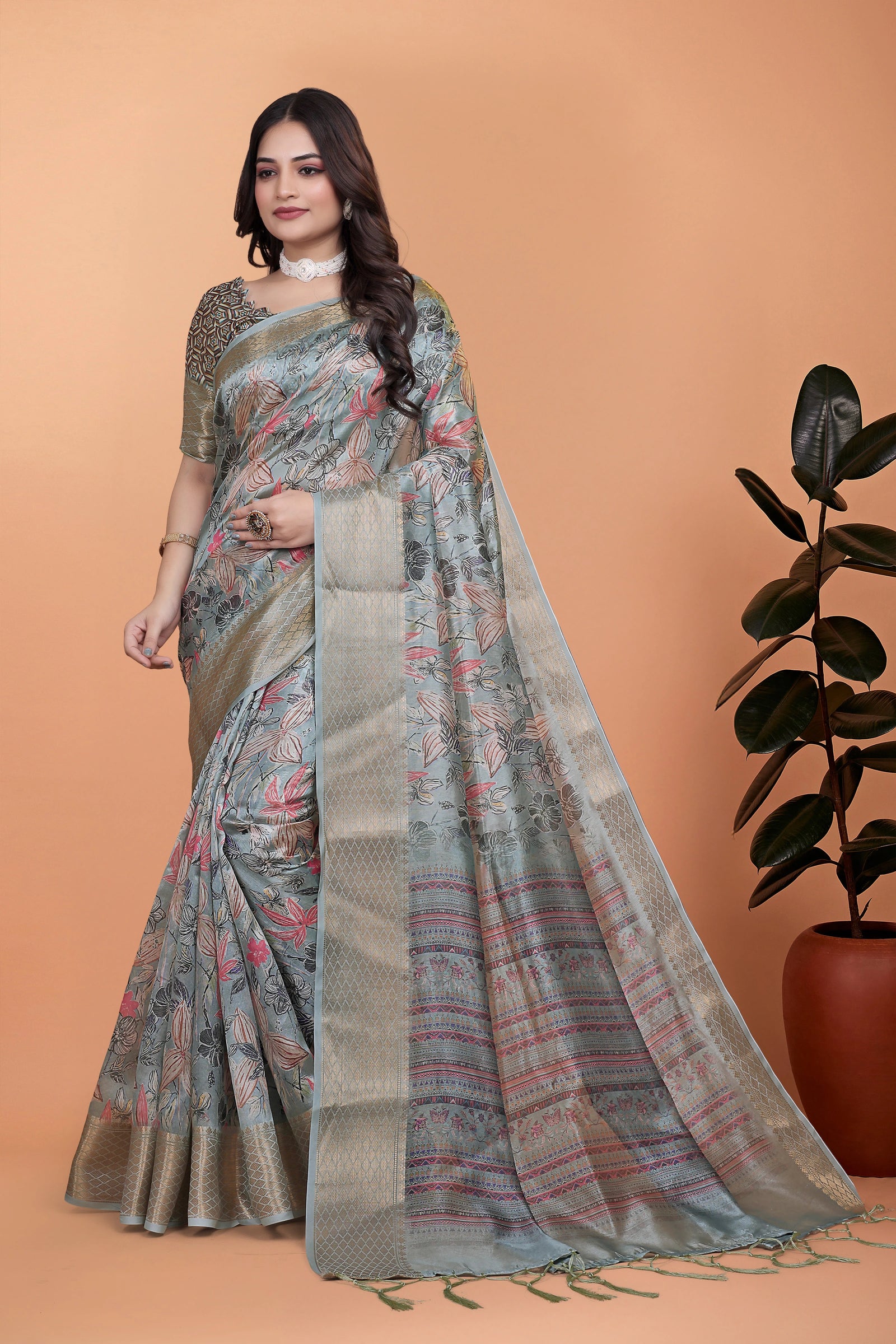 Gray Zari Weaving Premium Crystal Saree Hero Front View | Kalyanja KS371