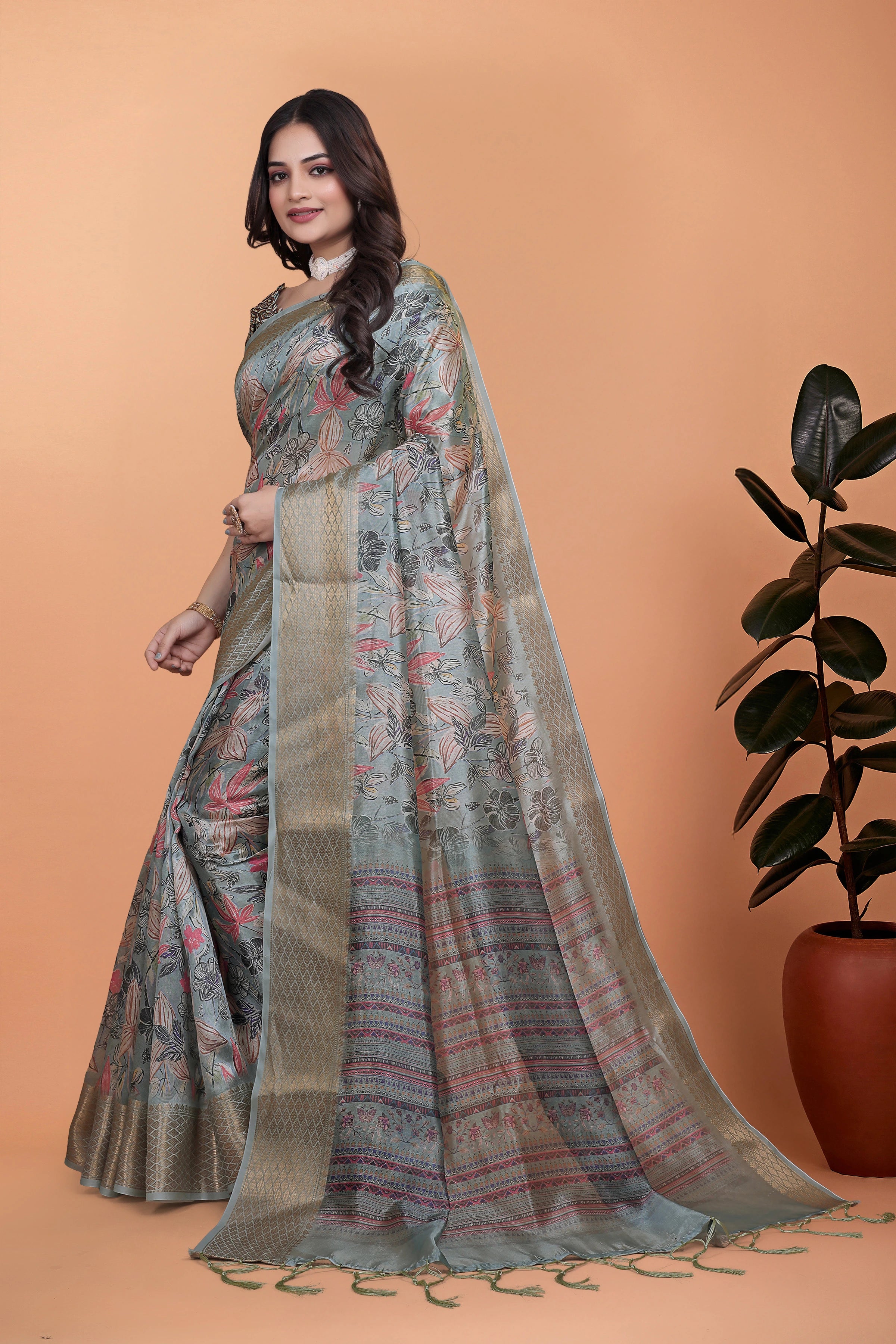 Gray Zari Weaving Saree Full Front Tropical Floral Print | Kalyanja KS371