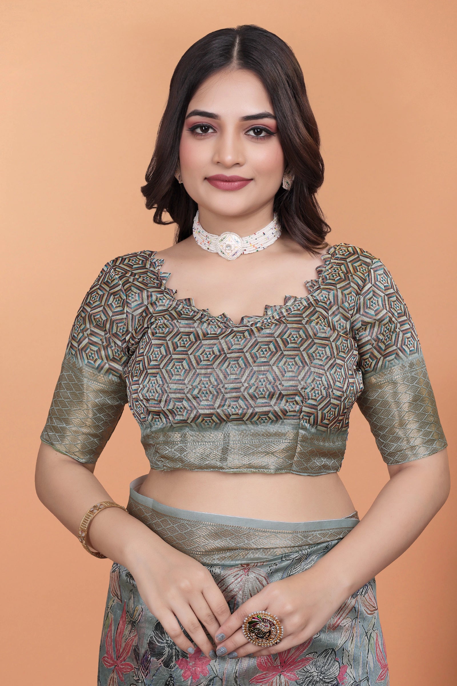 Gray Premium Crystal Saree Blouse Geometric Hexagonal Print Close-Up | Kalyanja KS371
