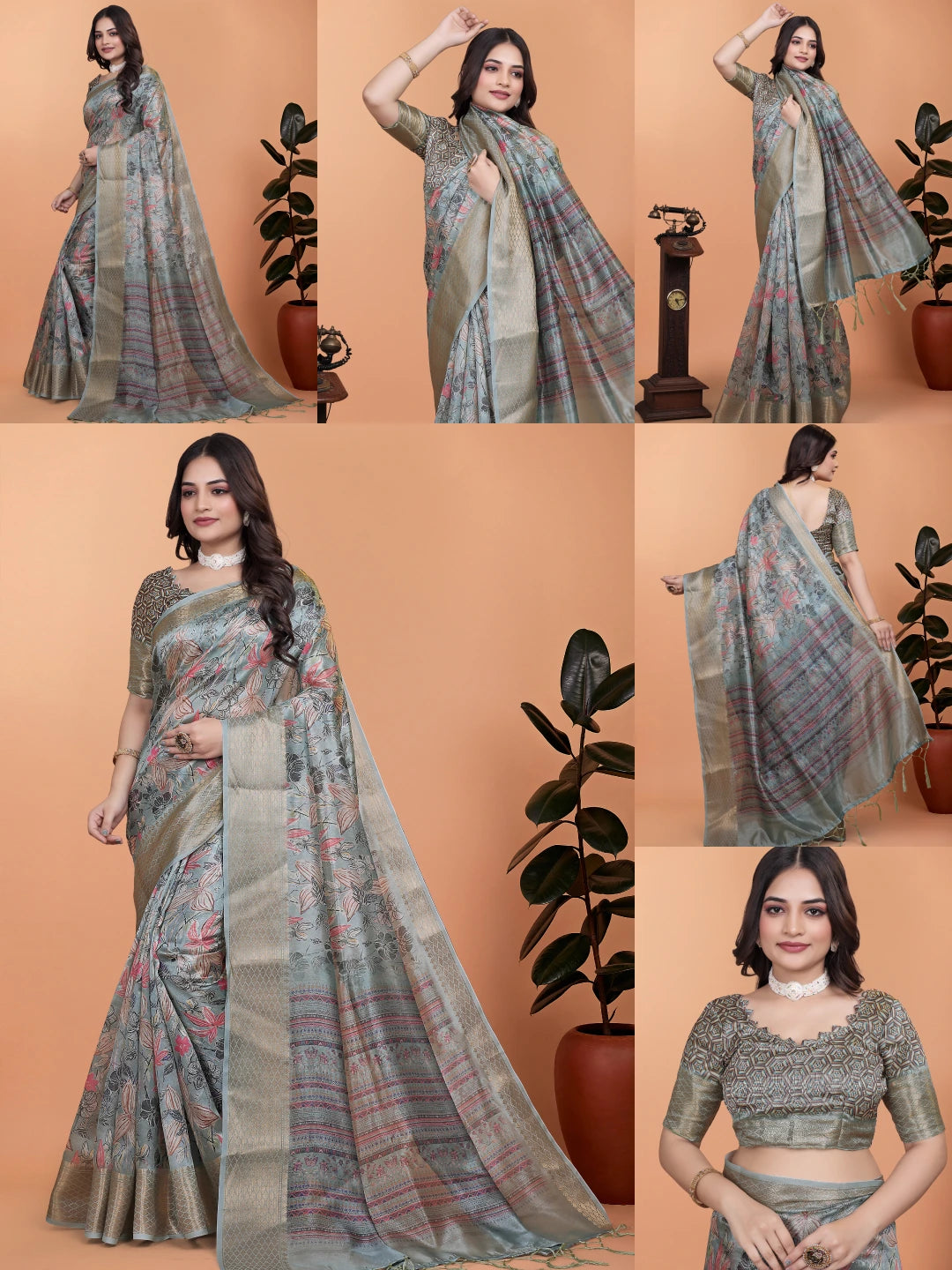 Gray Zari Weaving Premium Crystal Saree Collage All Views | Kalyanja KS371