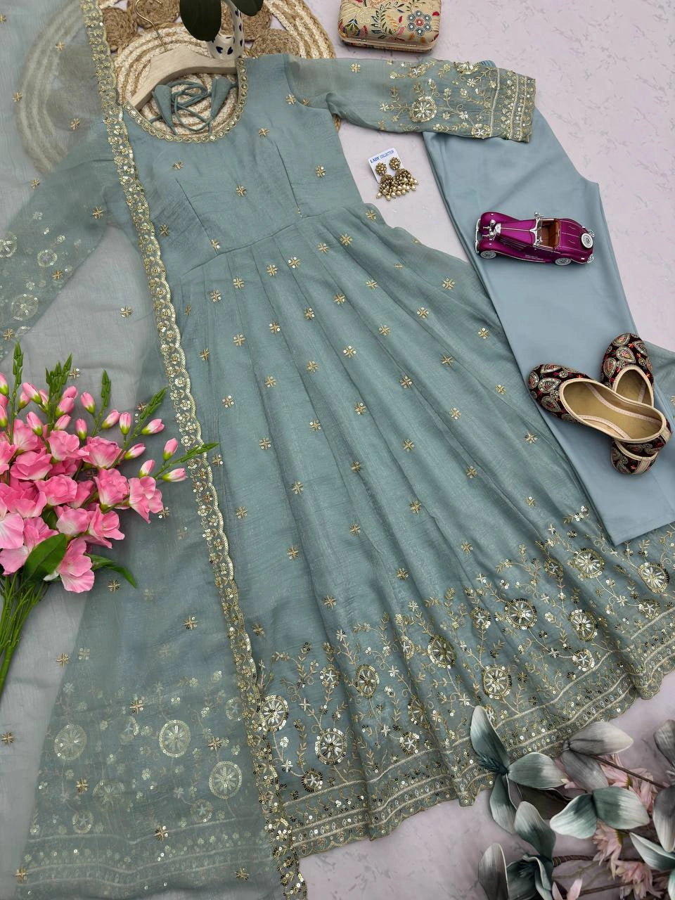 Grayish Blue Sequins Embroidered Suit Second Pose with Dupatta