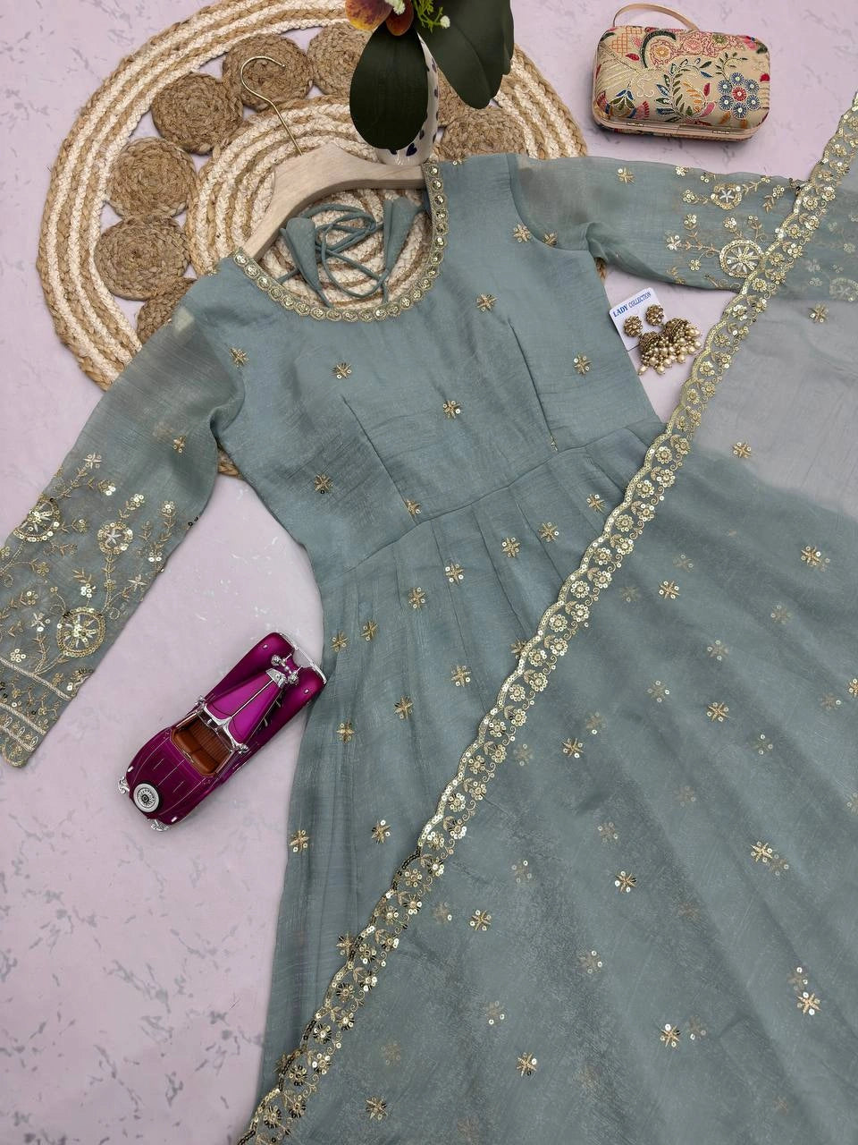 Grayish Blue Sequins Embroidered Suit 3/4 Angle View