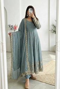Grayish Blue Sequins Embroidered Suit – Crunchy Silk Blend, Full Sleeve, Round Neck