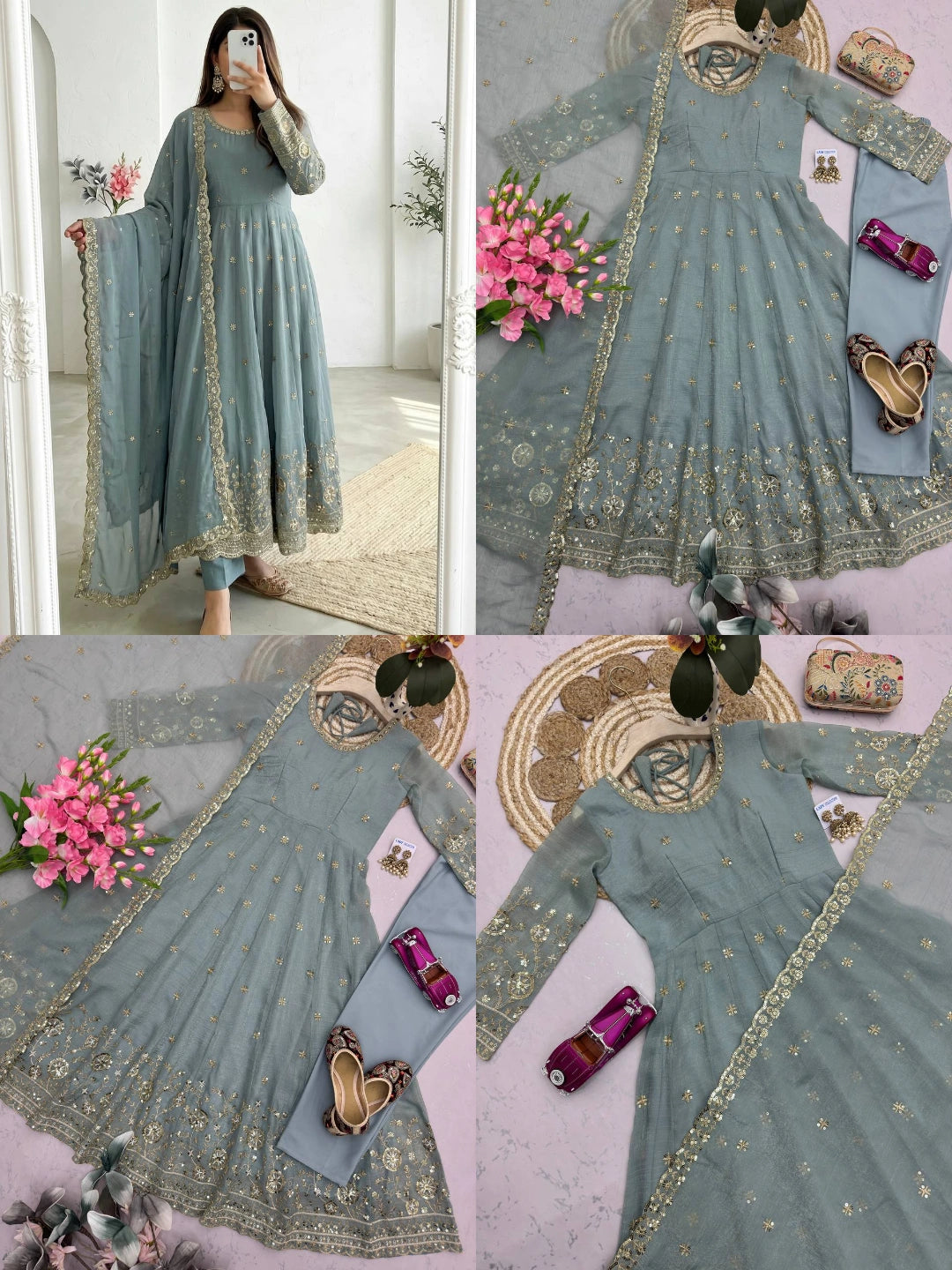 Grayish Blue Sequins Embroidered Suit Flat Lay – Complete Set View