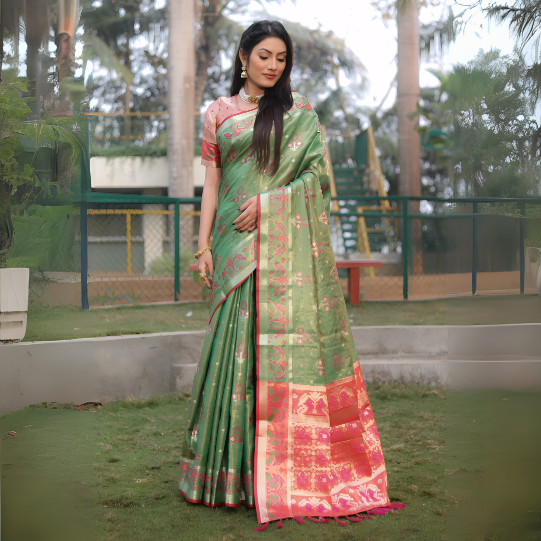 Light Green Ikkat Patola Weaving Organza Silk Saree