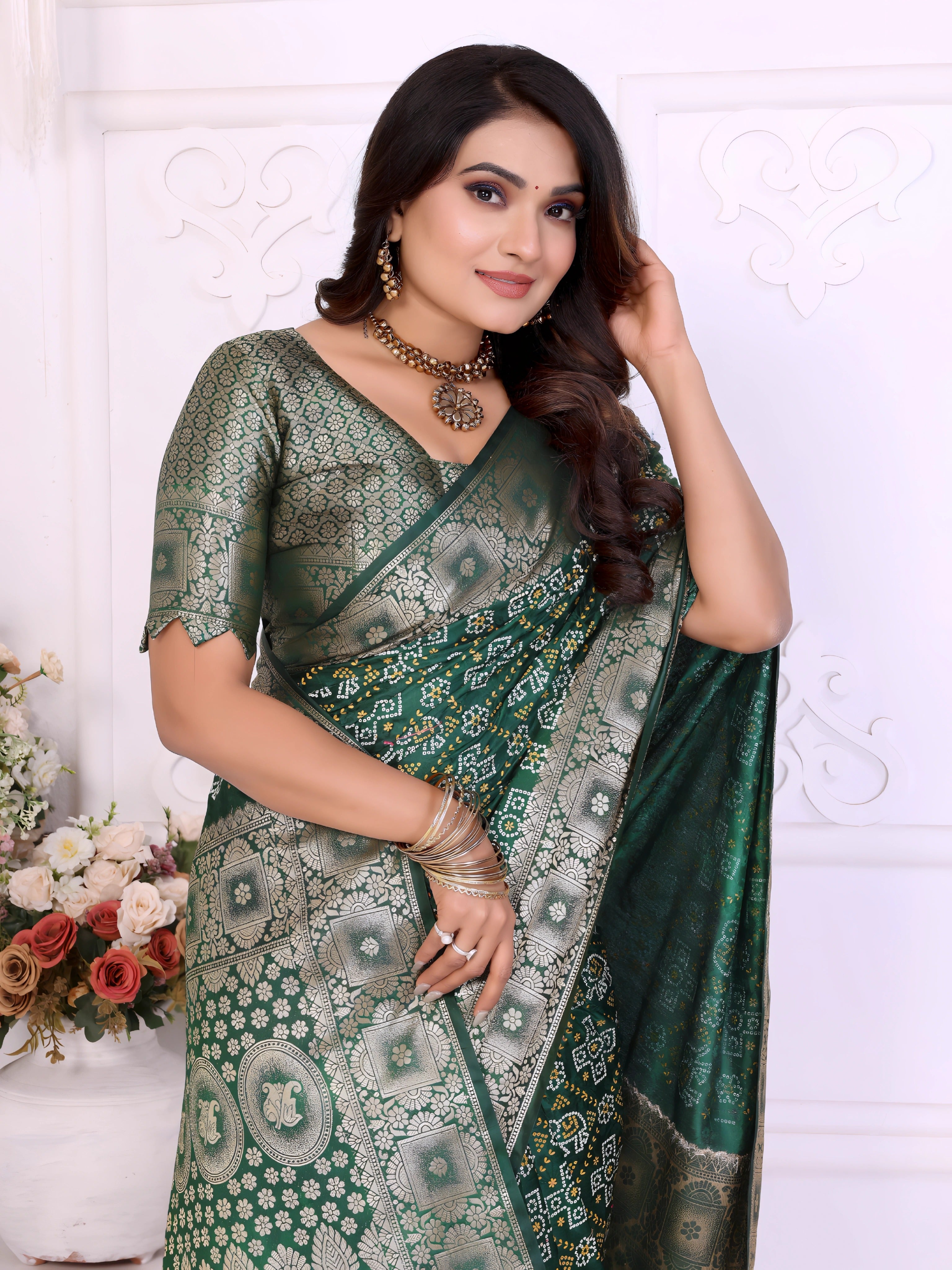Dark Green Zari Weaving Soft Satin Silk Saree