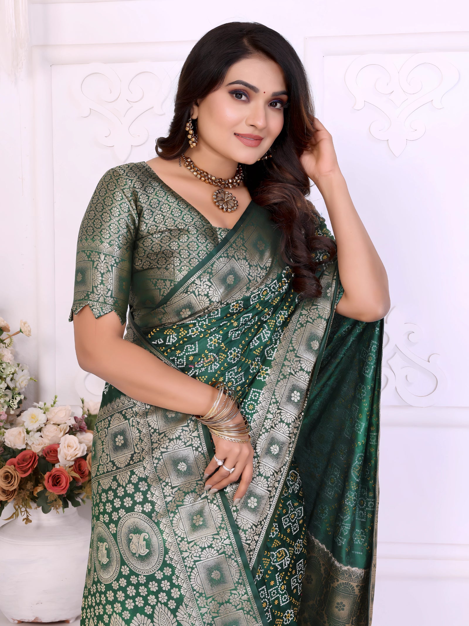 Dark Green Zari Weaving Soft Satin Silk Saree