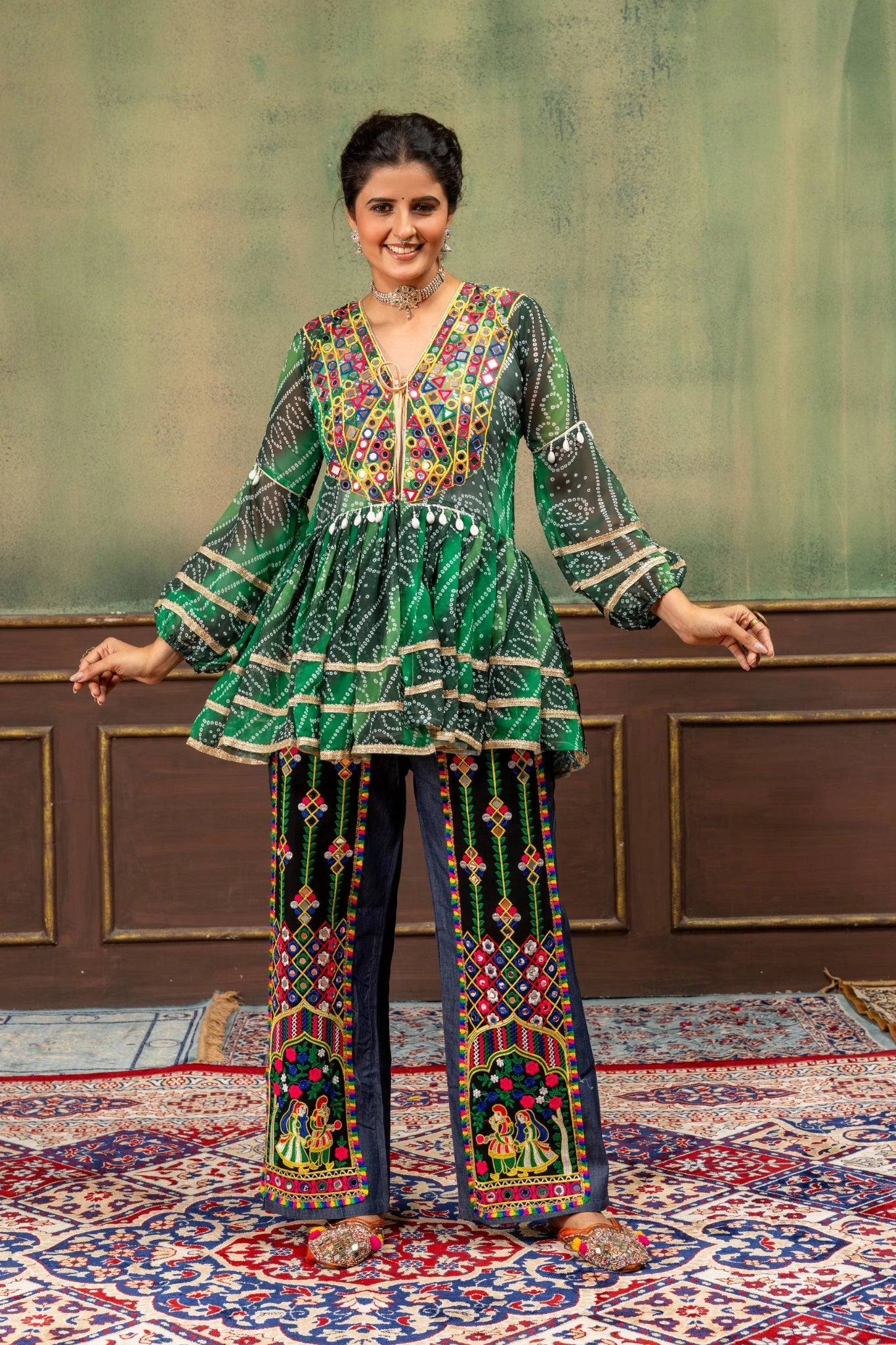 Green Bandhani Mirror Work Coord Set Kediya full length front view Kalyanja KC20