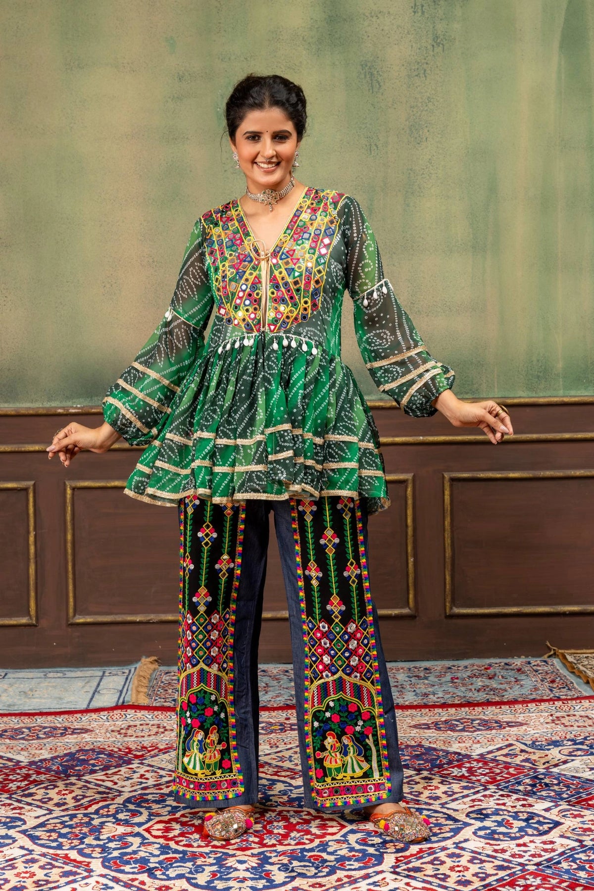 Green Bandhani Mirror Work Coord Set Kediya full length front view Kalyanja KC20