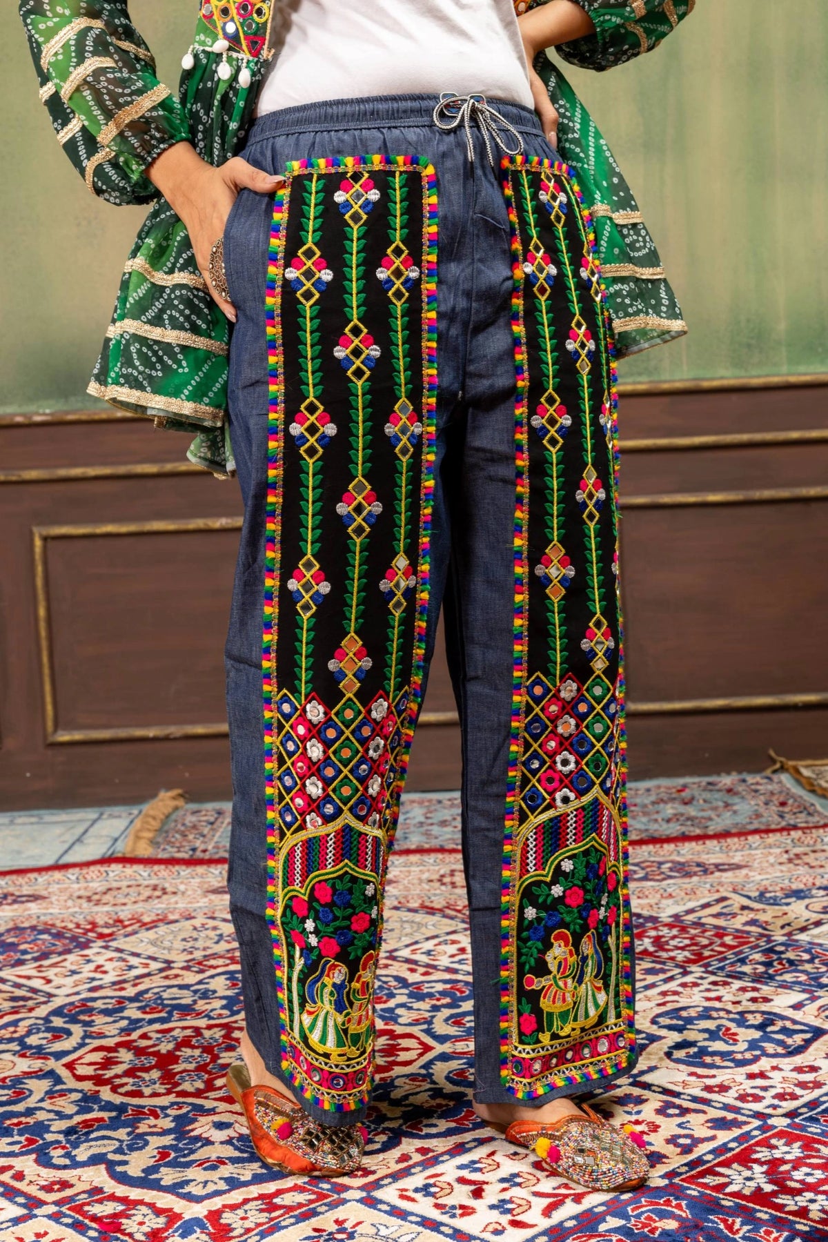 Green Bandhani Kediya Coord Set side view embroidered jeans Kalyanja KC20