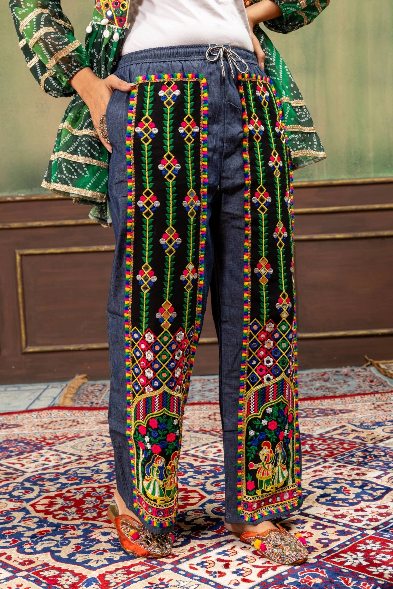 Green Bandhani Kediya Coord Set side view embroidered jeans Kalyanja KC20