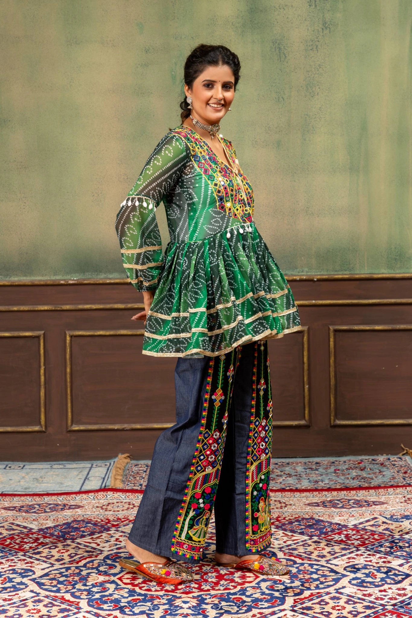 Green Bandhani Kediya Coord Set folk art embroidery jeans detail Kalyanja KC20