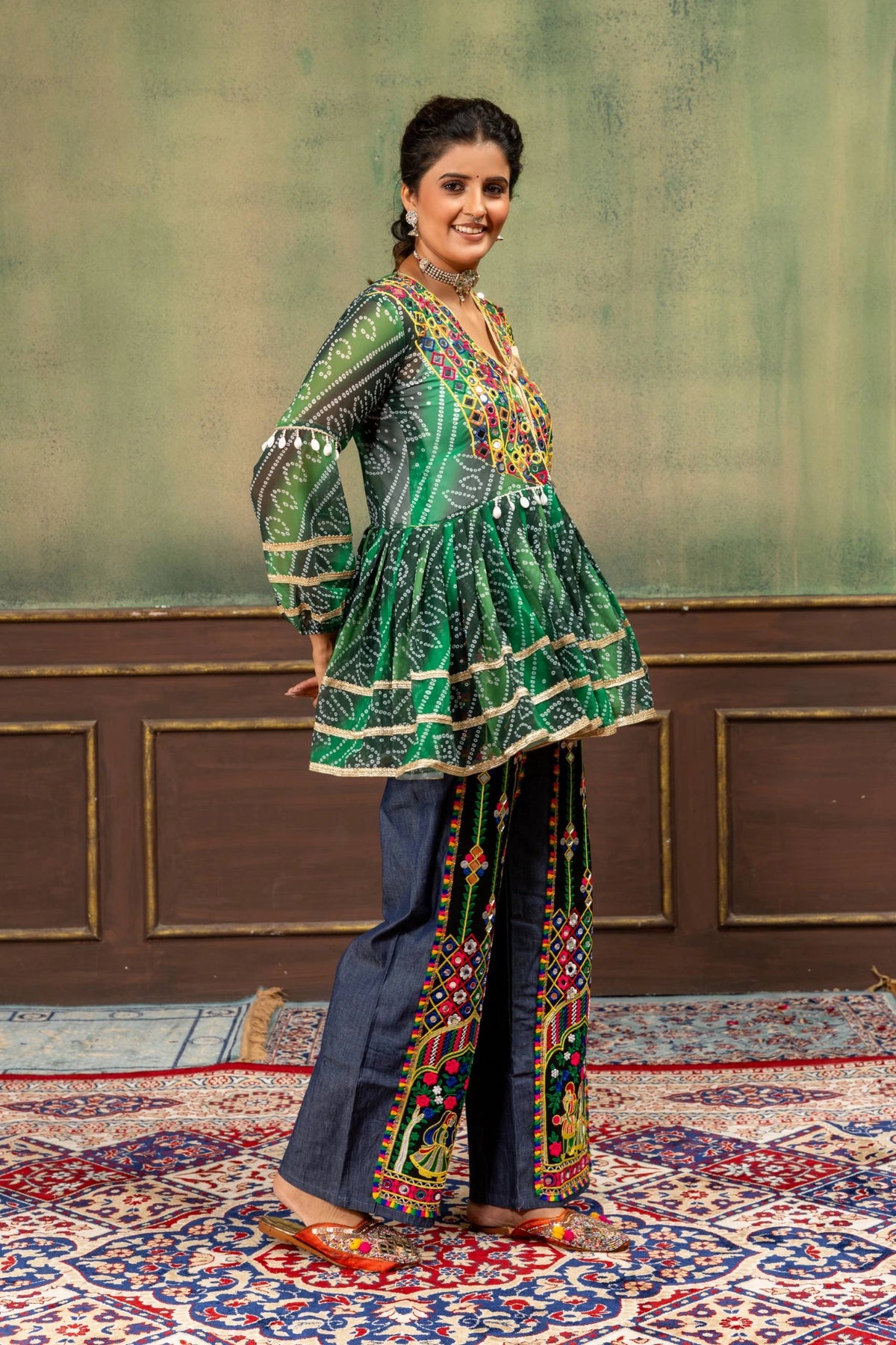 Green Bandhani Kediya Coord Set folk art embroidery jeans detail Kalyanja KC20