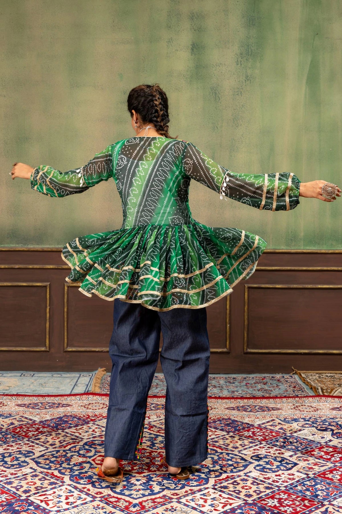 Green Bandhani Mirror Work Kediya Coord Set festive look Kalyanja KC20