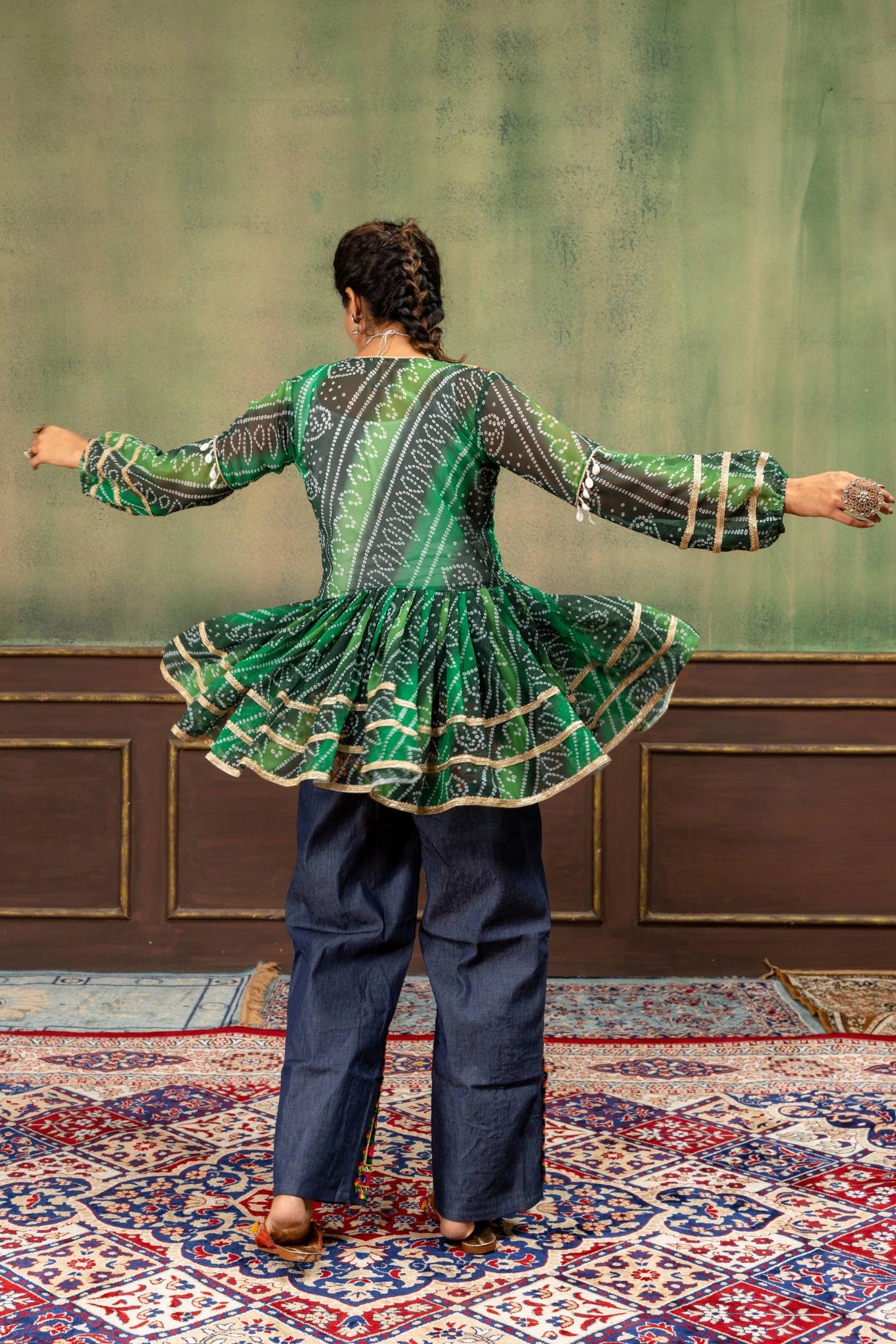 Green Bandhani Mirror Work Kediya Coord Set festive look Kalyanja KC20