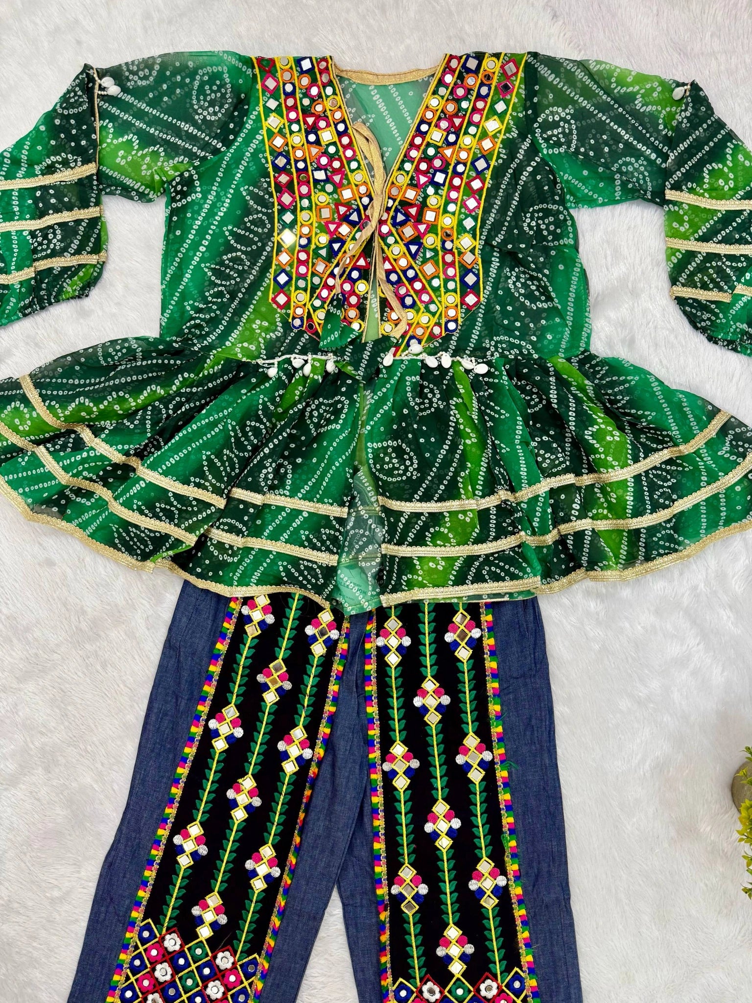 Green Bandhani Mirror Work Coord Set flat lay top and jeans Kalyanja KC20