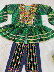 Green Bandhani Mirror Work Coord Set flat lay top and jeans Kalyanja KC20