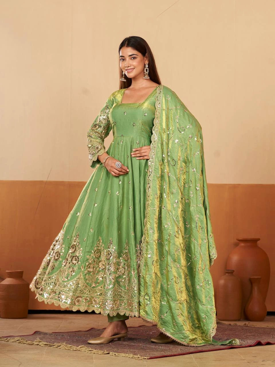Green Embroidered Codding Suit Anarkali model front view full length KU267