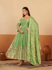 Green Embroidered Codding Suit Anarkali model front view full length KU267