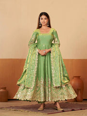 Green Anarkali Silk Blend Suit model three quarter view with dupatta KU267