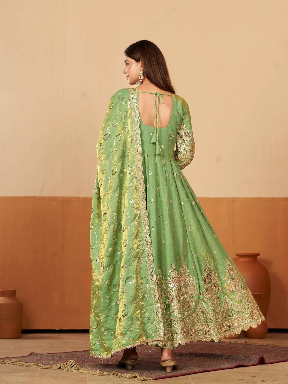 Green Embroidered Suit codding sequins hem sleeve detail KU267