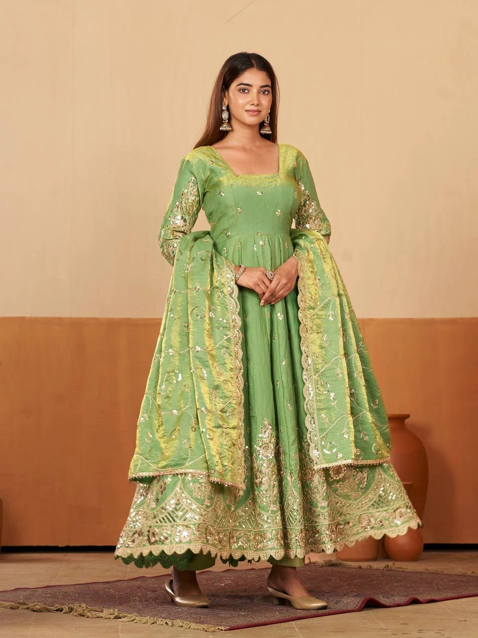 Green Anarkali Suit back view open dori tie-up neckline KU267