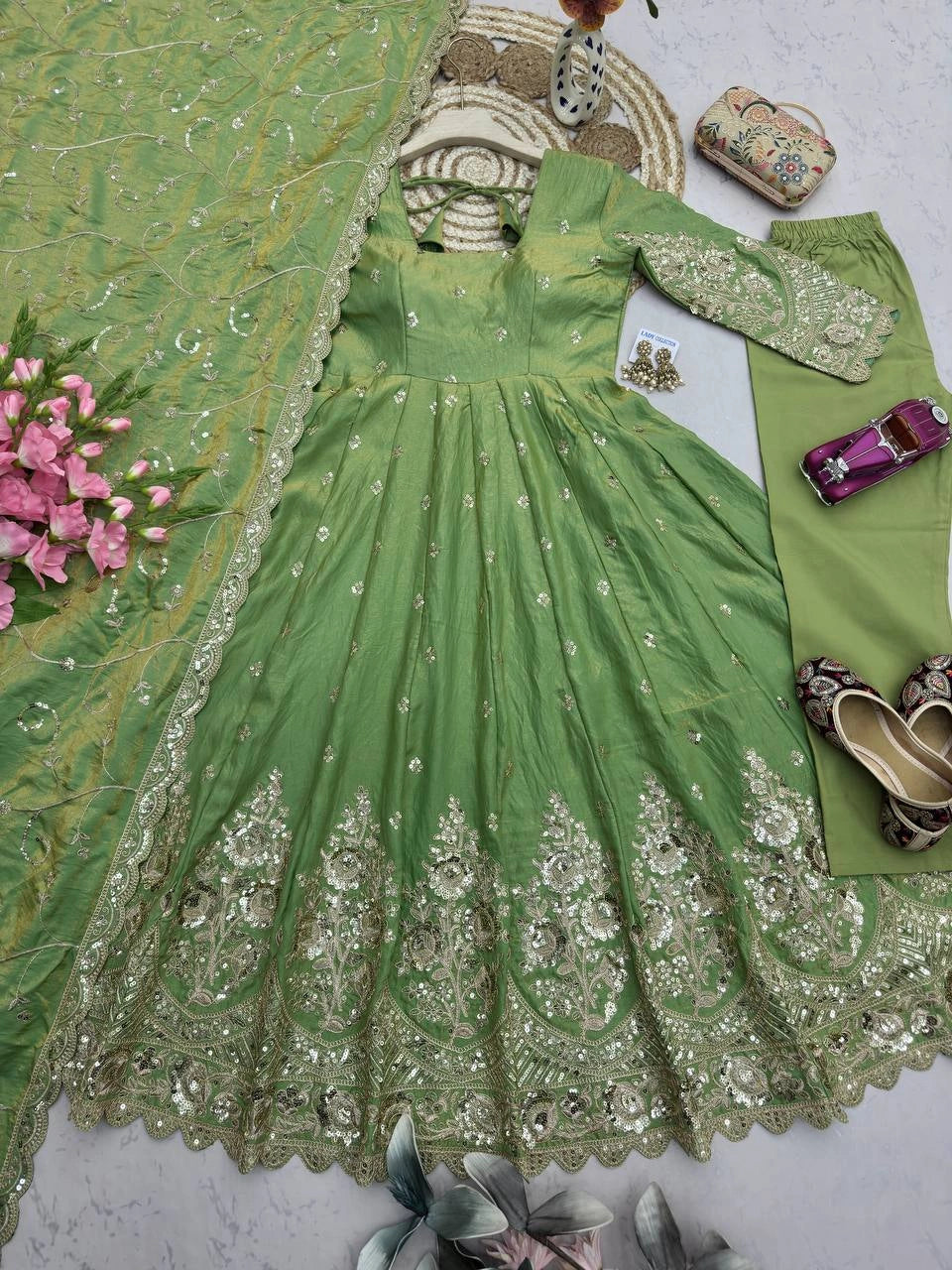 Green Embroidered Codding Suit flatlay complete set overhead KU267