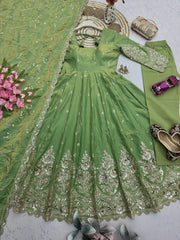Green Embroidered Codding Suit flatlay complete set overhead KU267