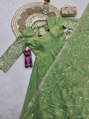 Green Silk Blend Suit dupatta sequins embroidery flatlay detail KU267
