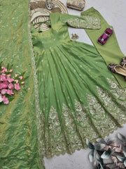 Green Anarkali Suit flatlay hem codding embroidery close up KU267