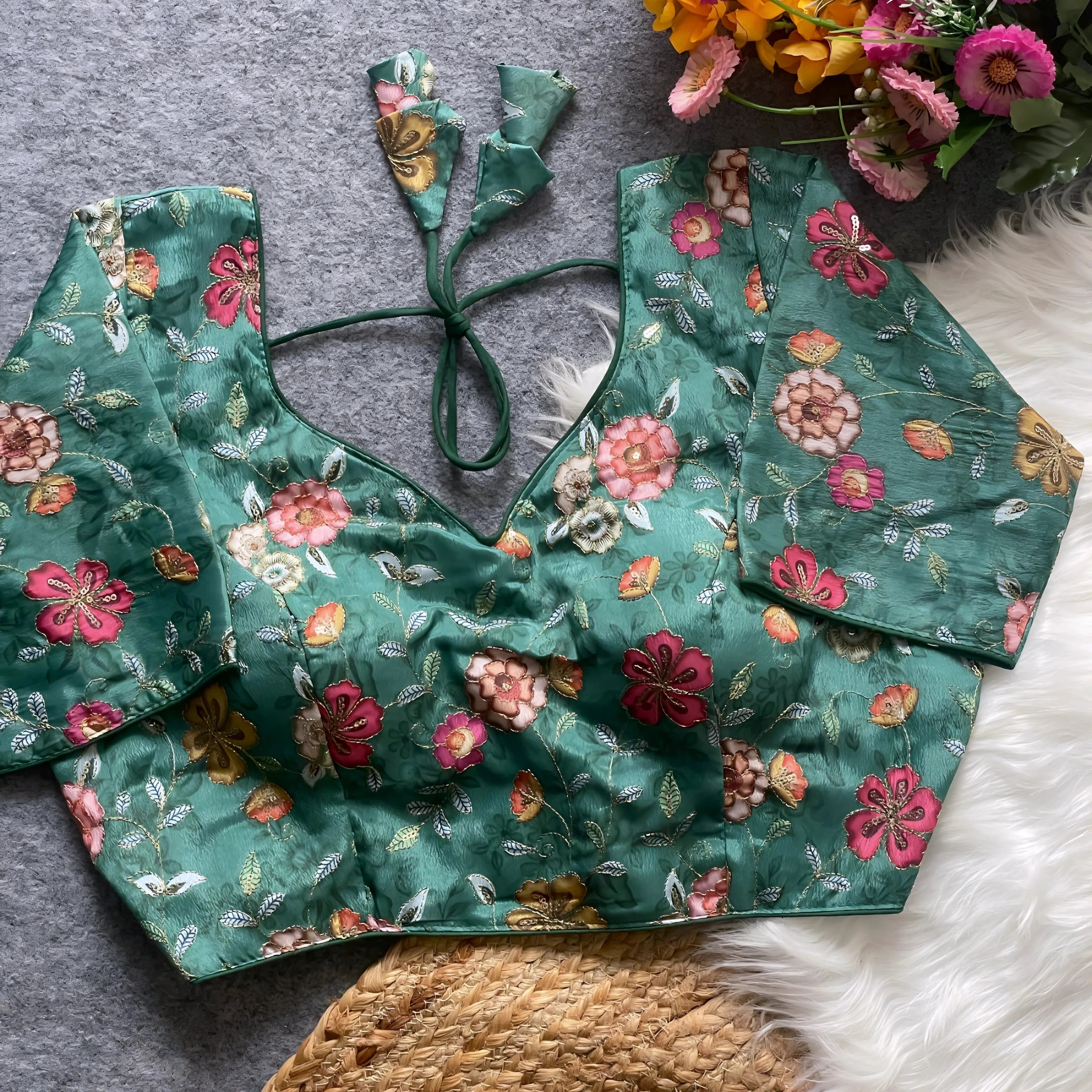 Green floral embroidered padded blouse with multicolor threadwork flowers and back tie detail, displayed on a grey surface with artificial flowers and white fur in the background.