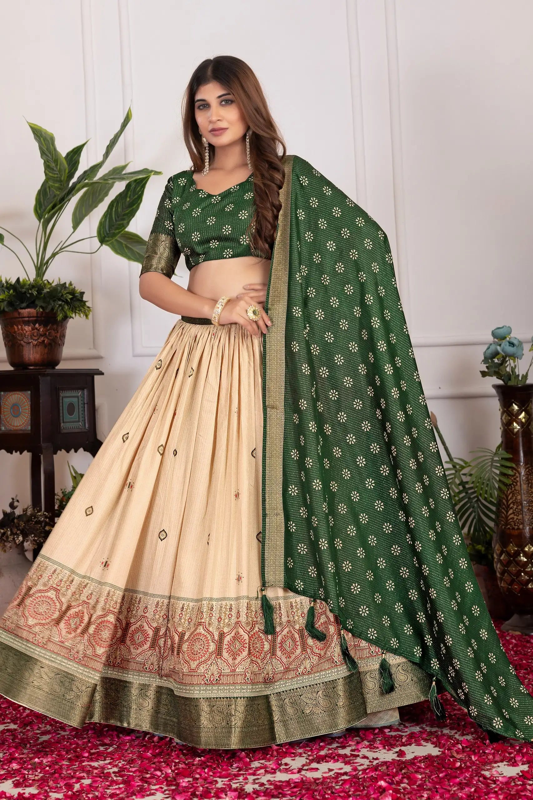 Green Tussar Silk Blend Lehenga angled pose with dupatta – Kalyanja KL162