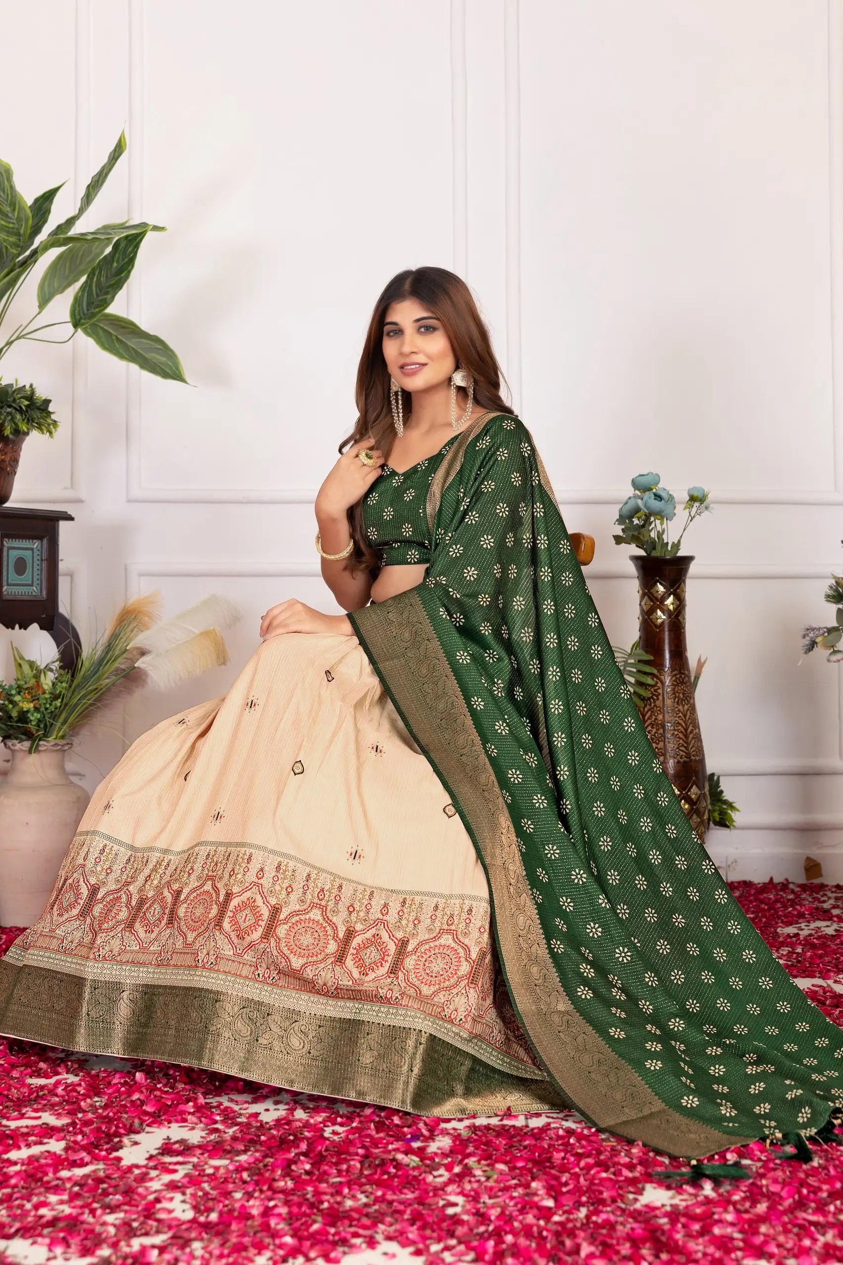 Green Floral Foil Work Lehenga flared skirt view – Kalyanja KL162