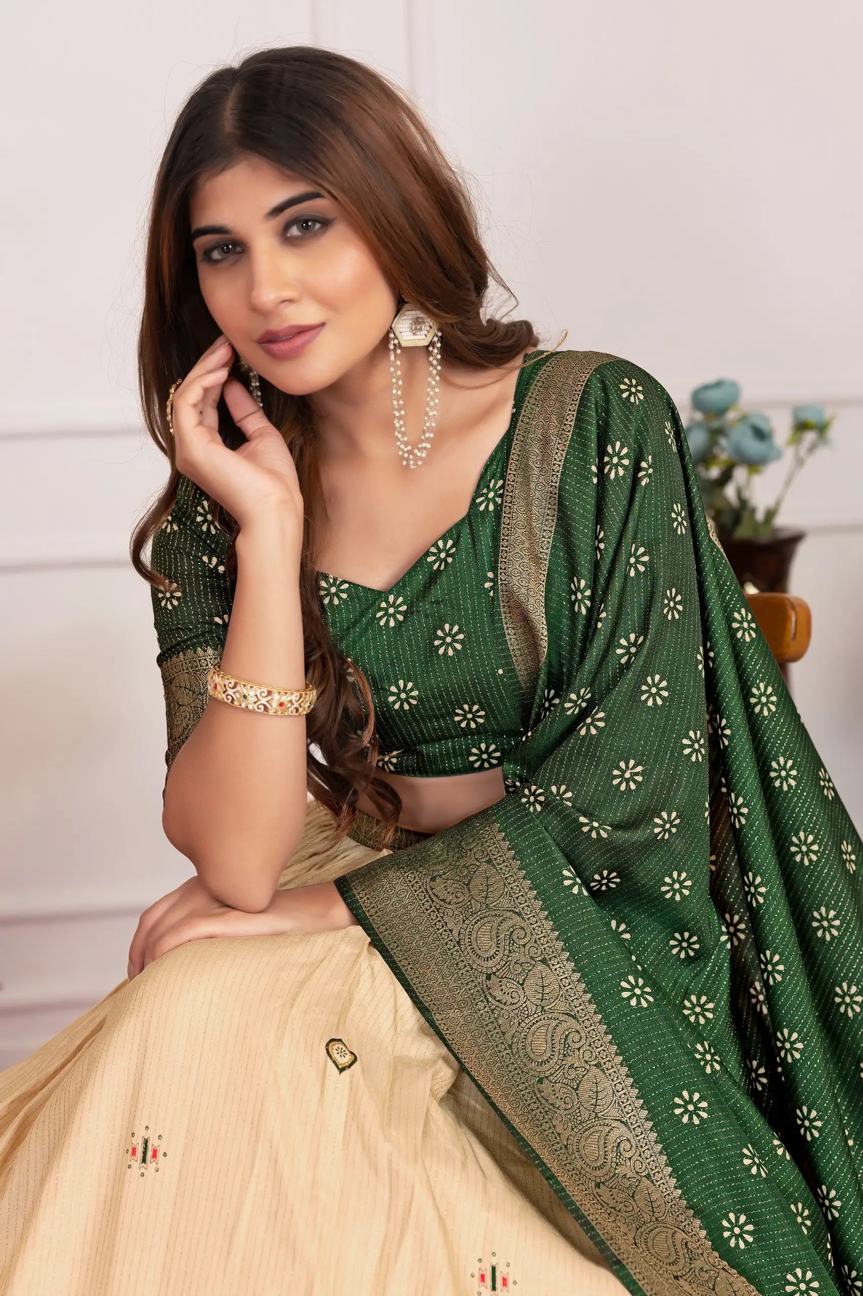 Green Floral Foil Work Lehenga choli V-neck close-up – Kalyanja KL162