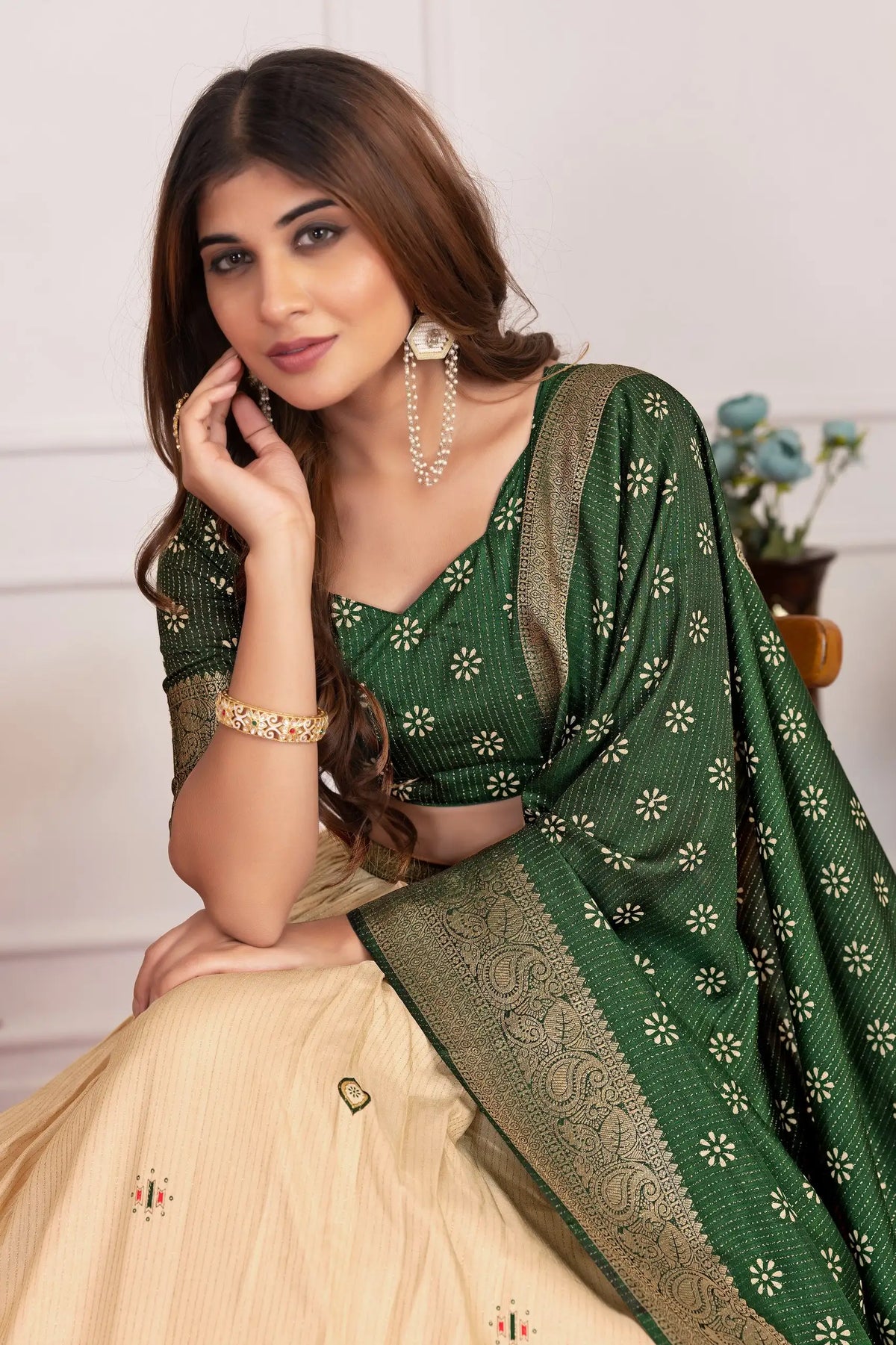 Green Floral Foil Work Lehenga choli V-neck close-up – Kalyanja KL162