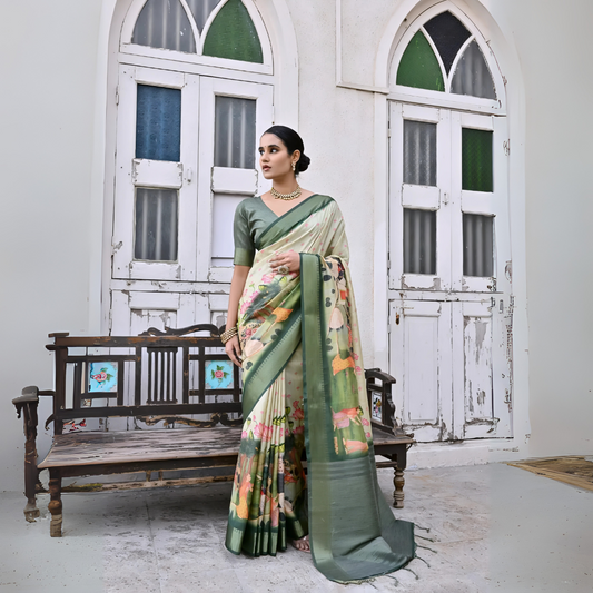 A woman models an elegant Off-White Soft Silk Saree featuring a large-scale, colorful floral and foliage Pichwai-style print. The saree has a wide Dark Olive Green border and pallu. She wears a matching short-sleeve green blouse and a gold Kundan choker necklace, posing outdoors next to antique white doors.