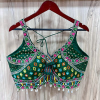 Dark Green Embroidery with Mirror Work Soft Italian Silk Blouse
