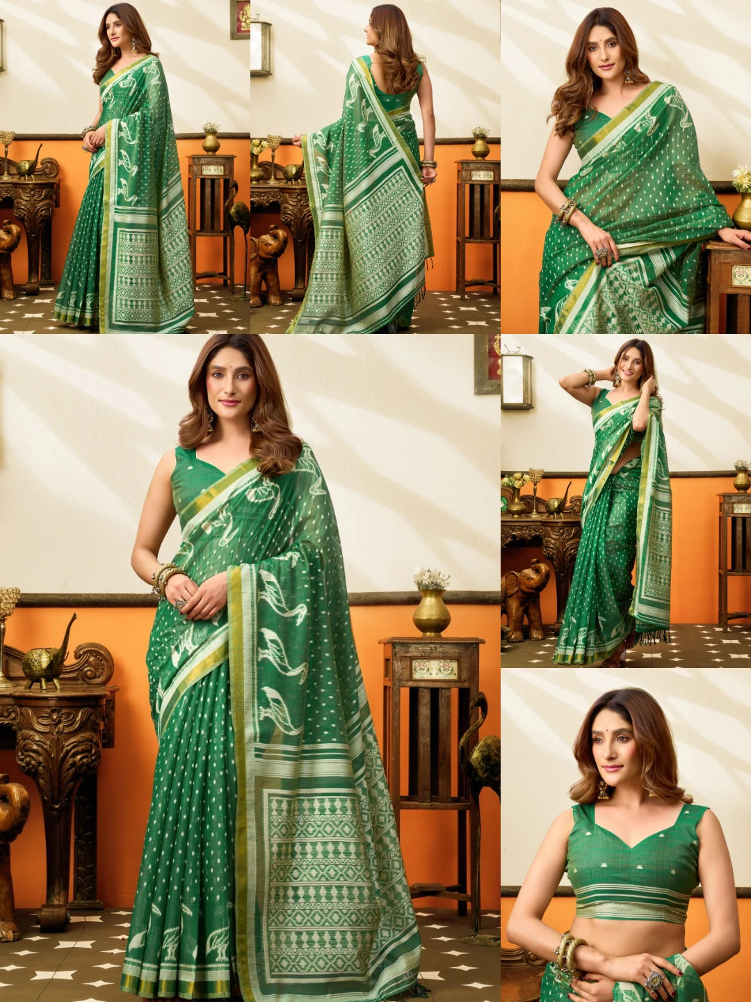 Green Jacquard Weaving Saree – All Angles Collage KS365