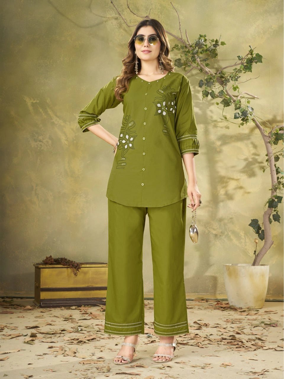 Green Multi Thread Embroidered Coord Set – Front Full Length View – KC11